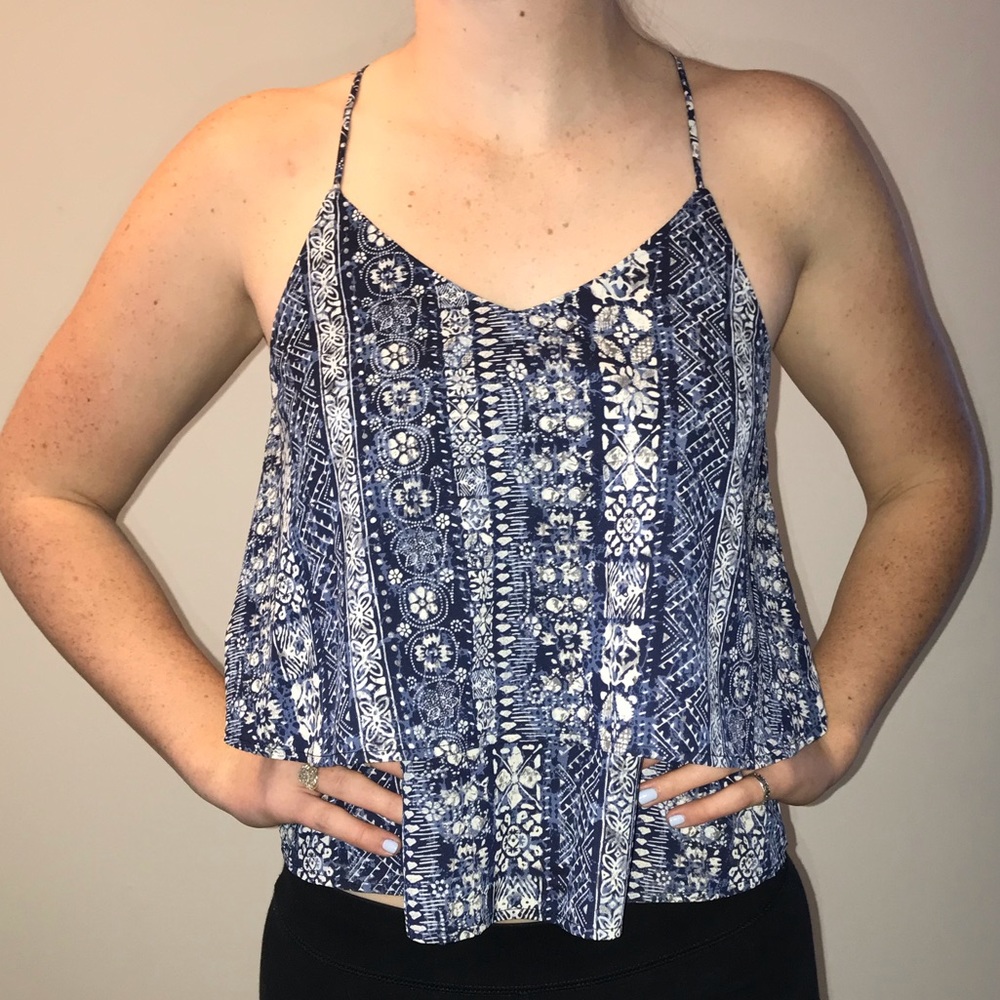 Blue and white patterned tank